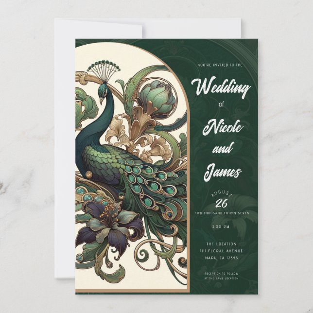 Art Nouveau Green Emerald Vintage Peacock Wedding Invitation (Front)