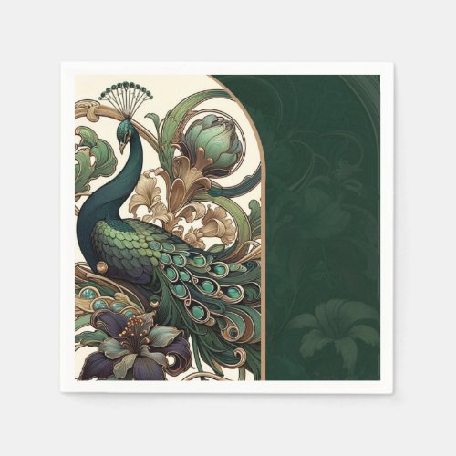 Art Nouveau Green Emerald Vintage Peacock Wedding Napkins