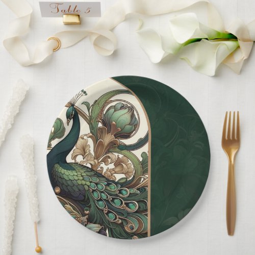 Art Nouveau Green Emerald Vintage Peacock Wedding Paper Plates