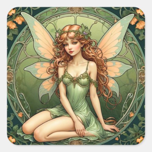 Art Nouveau Green Fairy Square Sticker