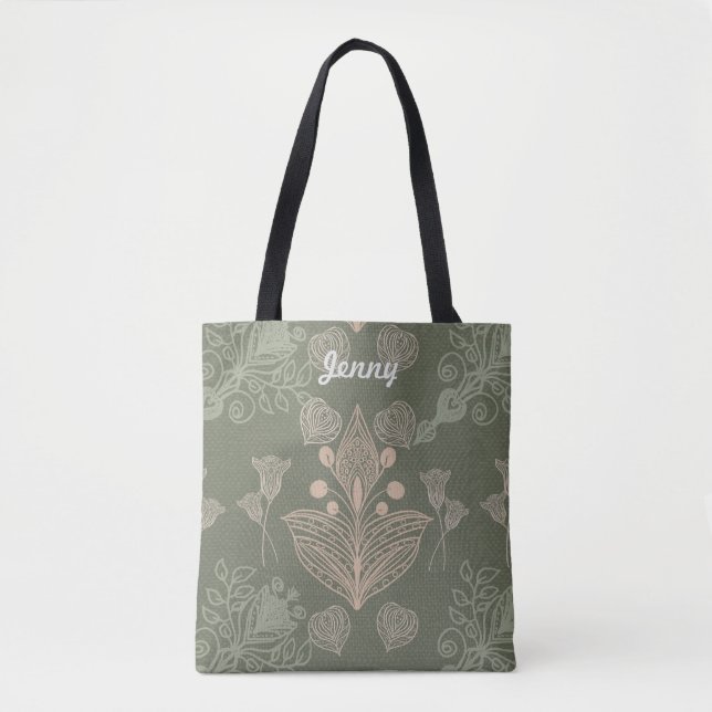 Art Nouveau Green Floral Personalized  Tote Bag (Front)
