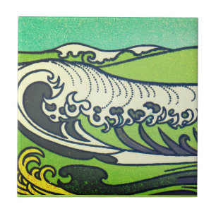 Art Nouveau Green Sea Waves 1 Ceramic Tile