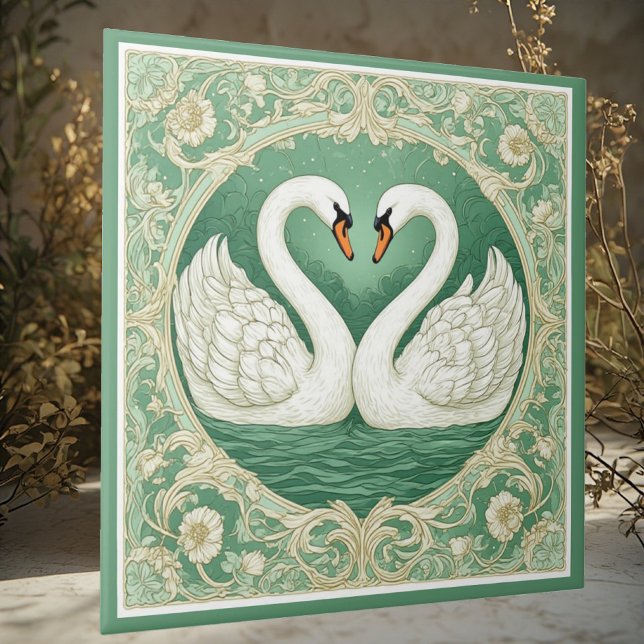 Art Nouveau Green Swan Couple Lake Floral Motifs  Ceramic Tile (Art Nouveau Green Swan Couple Lake Floral Motifs Ceramic Tile)