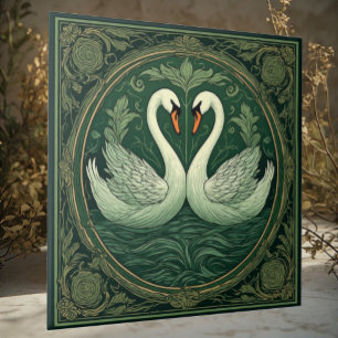 Art Nouveau Green Swan Lover Couples Ethereal Lake Ceramic Tile