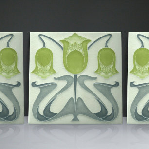 Art Nouveau Green Tulips Home Wall Decor Ceramic Tile