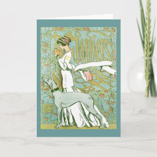 Art Nouveau Greyhound and Lady with Flower Card