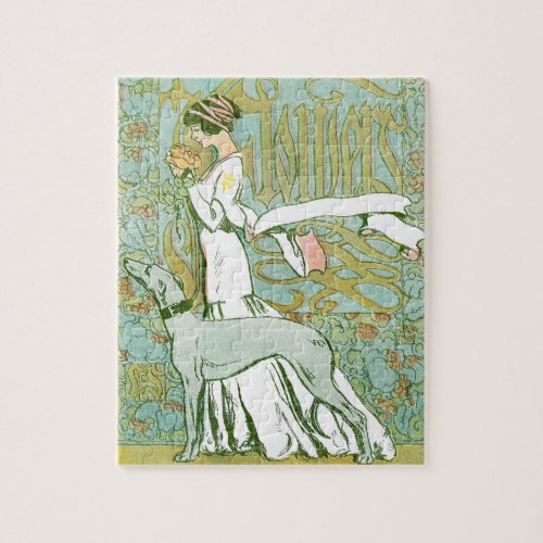 Art Nouveau Greyhound and Lady with Flower Jigsaw Puzzle