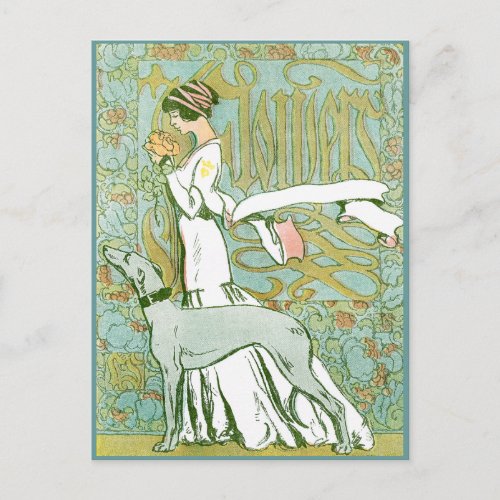 Art Nouveau Greyhound and Lady with Flower Postcard