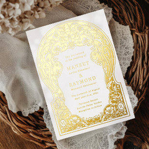 Art Nouveau Hand Drawn Blossoms Initials Wedding Foil Invitation