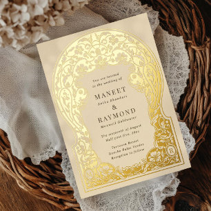 Art Nouveau Hand Drawn Blossoms Initials Wedding Foil Invitation