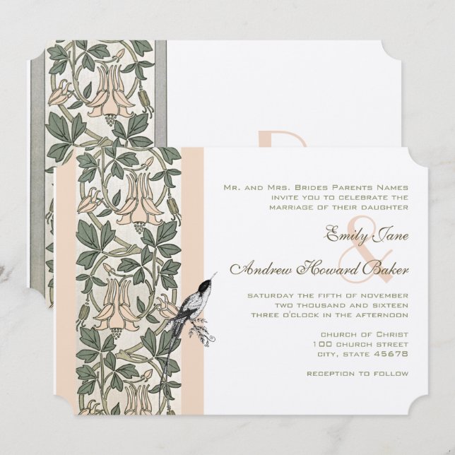 Art Nouveau HoneySuckle Hummingbird Wedding  Invitation (Front/Back)