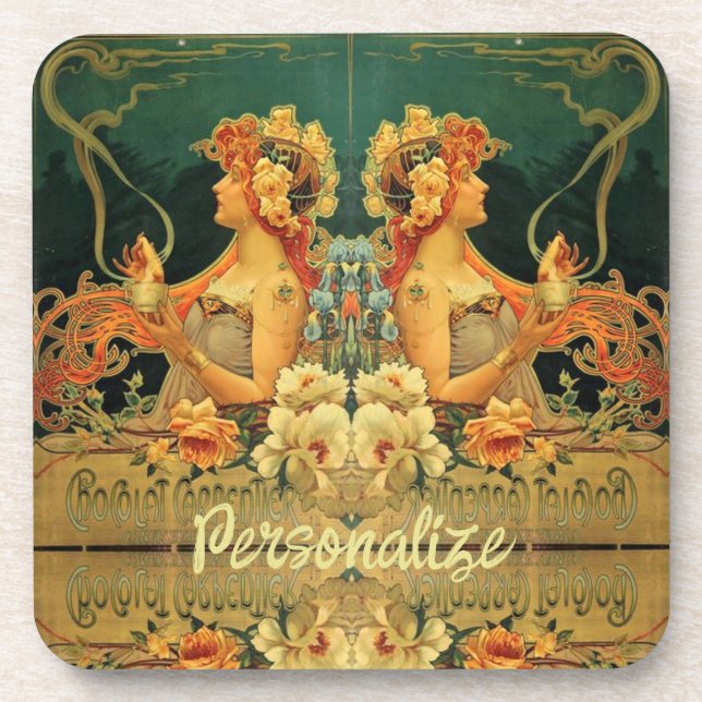 Art nouveau hot chocolate floral advertisement   beverage coaster (Front)