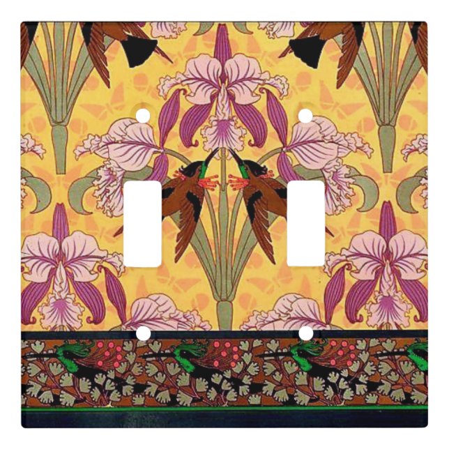 Art nouveau hummingbird and flower tile pattern light switch cover (Front)
