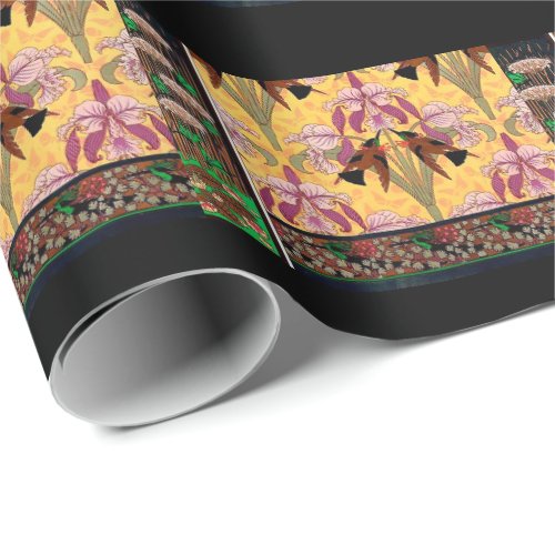 Art nouveau hummingbird and flower tile pattern wrapping paper