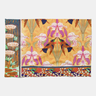 Art nouveau hummingbird and orchid flower kitchen towel