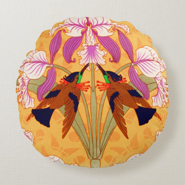 Art nouveau hummingbird and orchid flower round pillow (Front)