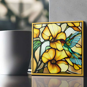 Art Nouveau Hummingbird Garden Faux Stained Glass Ceramic Tile