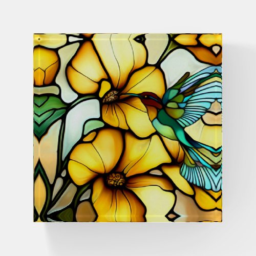 Art Nouveau Hummingbird Garden Faux Stained Glass Paperweight