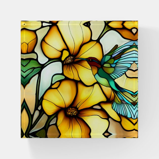 Art Nouveau Hummingbird Garden Faux Stained Glass Paperweight (Front)