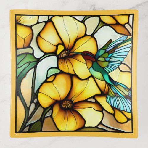 Art Nouveau Hummingbird Garden Faux Stained Glass Trinket Tray