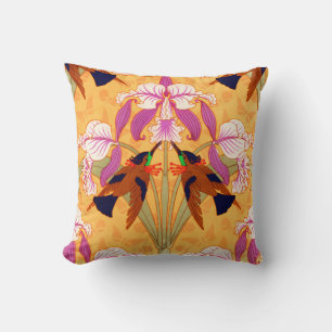 Art nouveau hummingbird orchid flower gold pink throw pillow