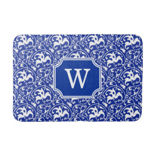 Art Nouveau Ikat - Cobalt Blue and White Bathroom Mat