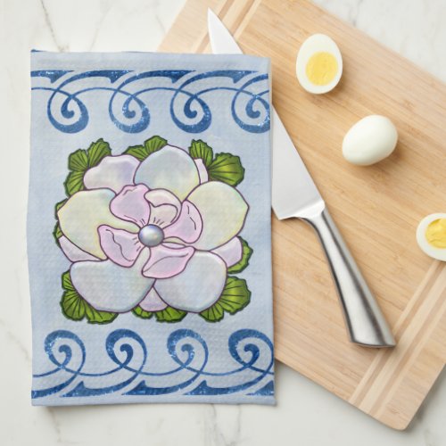 Art Nouveau Inspired Opal Water Lily on Blue Kitchen Towel