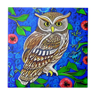 Art Nouveau Inspired Owl, Brown on Cobalt Blue Ceramic Tile