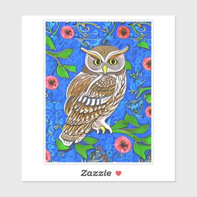 Art Nouveau Inspired Owl, Brown on Cobalt Blue Sticker (Sheet)