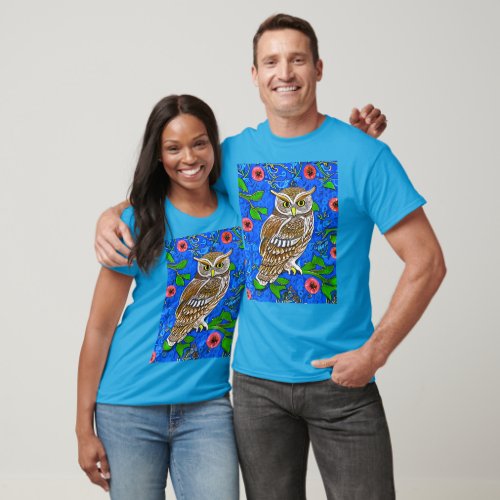 Art Nouveau Inspired Owl Brown on Cobalt Blue T_Shirt