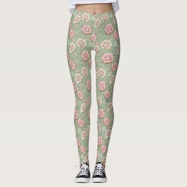 Art Nouveau Inspired Roses In Shades Of Dusty Pink Leggings (Front)