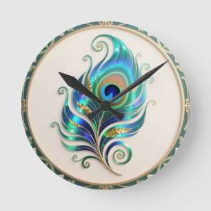 Art Nouveau Iridescent Peacock Feather Round Clock