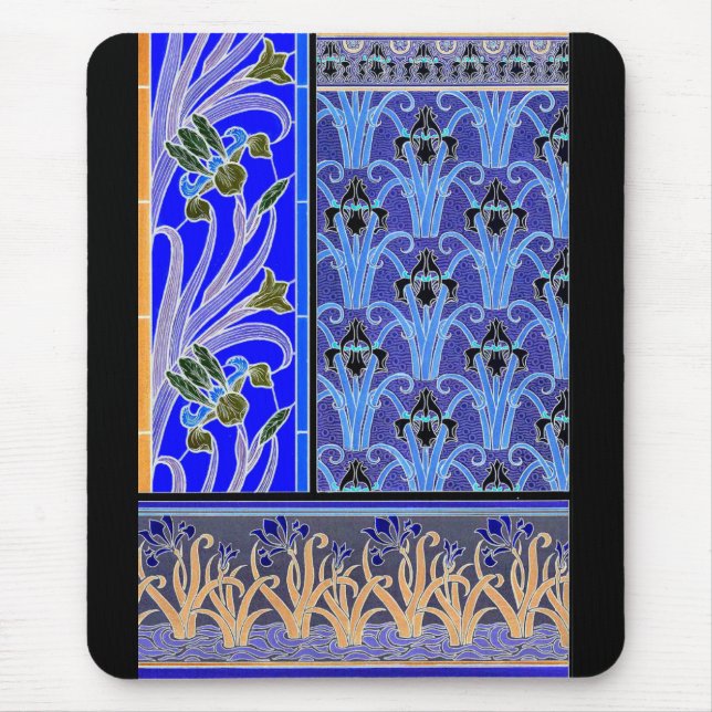 Art nouveau iris flower black blue elegant verneui mouse pad (Front)