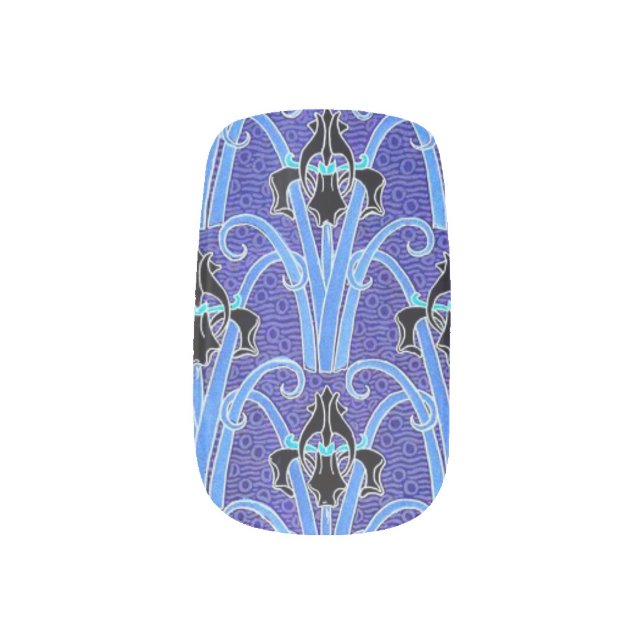 Art nouveau iris flower elegant blue black minx nail art (Left Thumb)