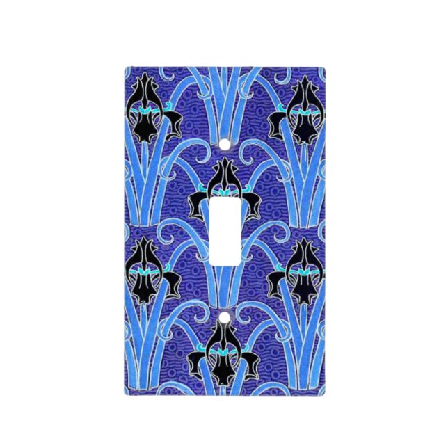 Art nouveau iris flower elegant purple black light switch cover (Front)