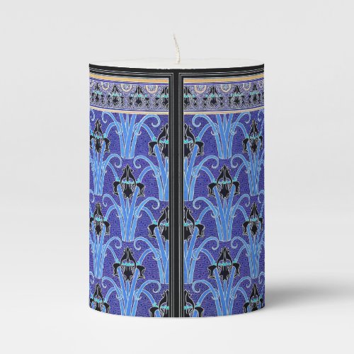 Art nouveau iris flower elegant vintage blue black pillar candle