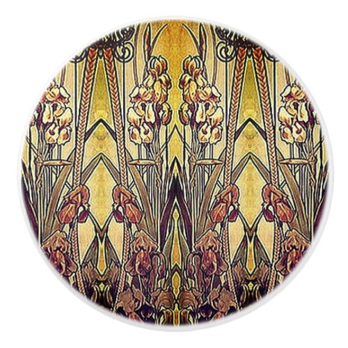 Art nouveau iris pattern gold bronze red elegant  ceramic knob