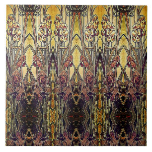 Art nouveau iris pattern gold bronze red elegant ceramic tile