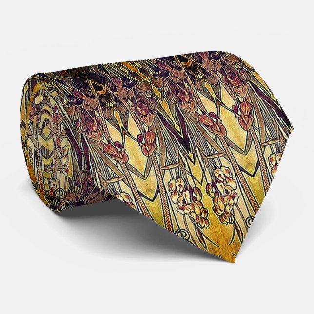 Art nouveau iris pattern gold bronze red elegant  neck tie (Rolled)
