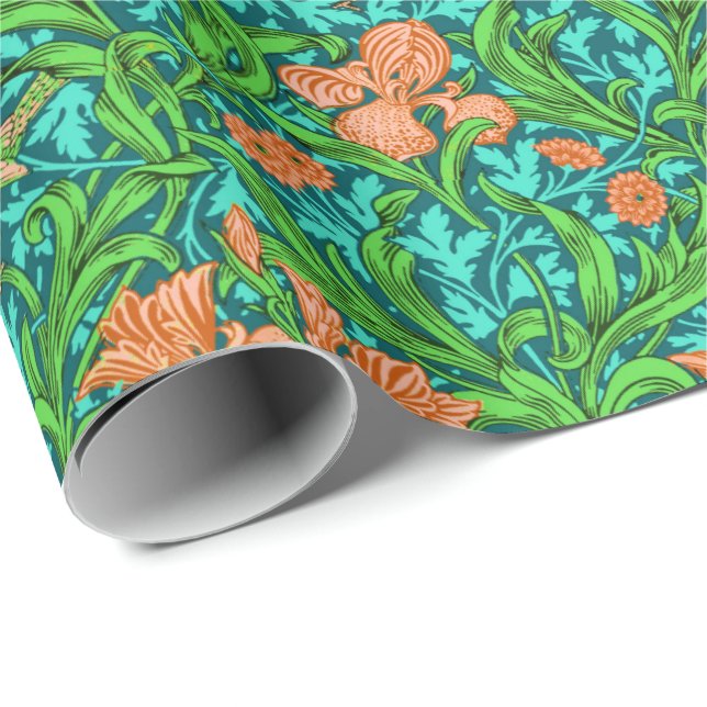 Art Nouveau Iris Print, Orange and Turquoise Wrapping Paper (Roll Corner)