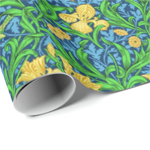 Art Nouveau Iris Print, Yellow and Cobalt Blue Wrapping Paper