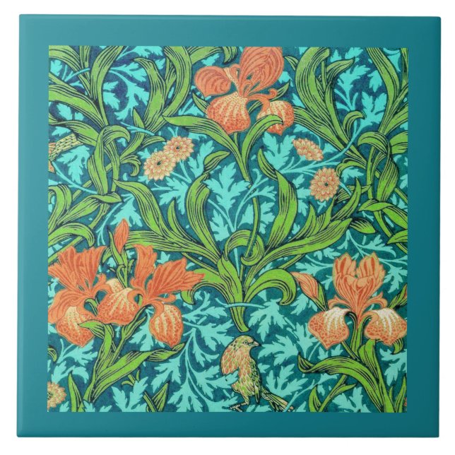 Art Nouveau Irises, Orange and Turquoise Ceramic Tile (Front)