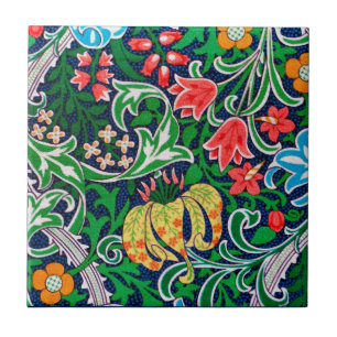 Art Nouveau Jacobean Floral, Emerald Green Ceramic Tile
