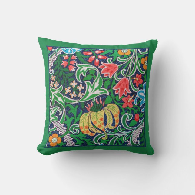 Art Nouveau Jacobean Floral, Emerald Green Outdoor Pillow (Front)