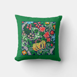 Art Nouveau Jacobean Floral, Emerald Green Throw Pillow