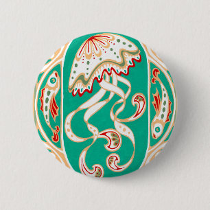 Art Nouveau Jellyfish 3 inch button turquoise gold