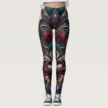 Art Nouveau Jewel Tone Floral Vintage Glam Leggings by printabledigidesigns at Zazzle