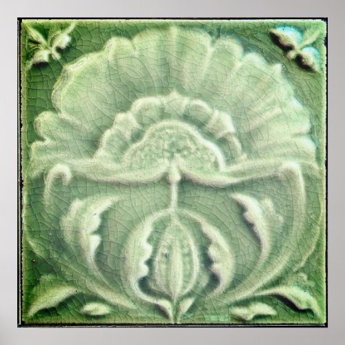 Art nouveau jugendstil flower tile design green  poster