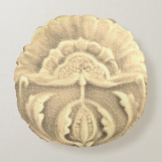 Art nouveau jugendstil flower tile gold cream  round pillow (Front)