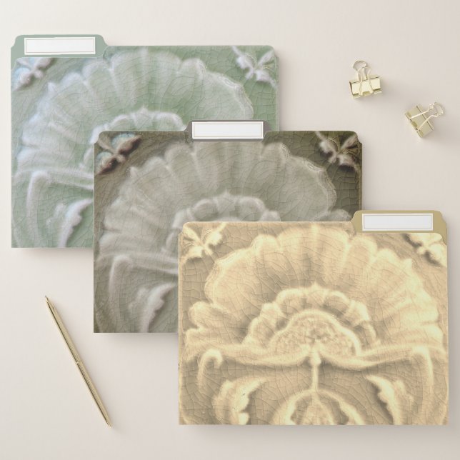 Art nouveau jugendstil flower tile gold green brow file folder (Set)